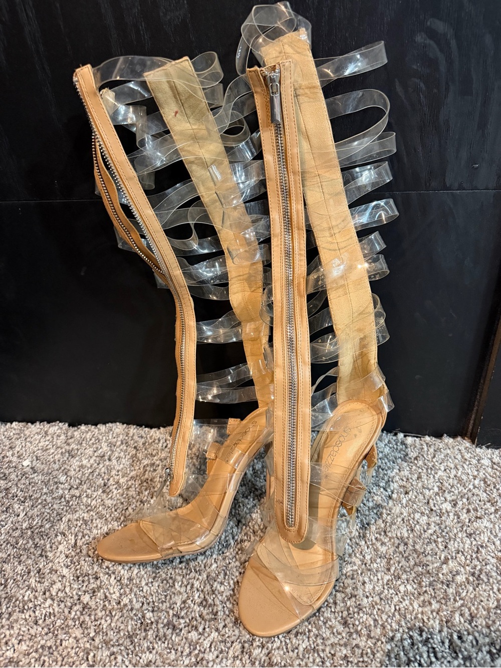 Shoe Dazzle Clear PVC Knee-High Sandals with Tan Accents